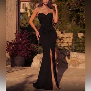 Strapless Black Ruched Maxi Dress with Front Slit
